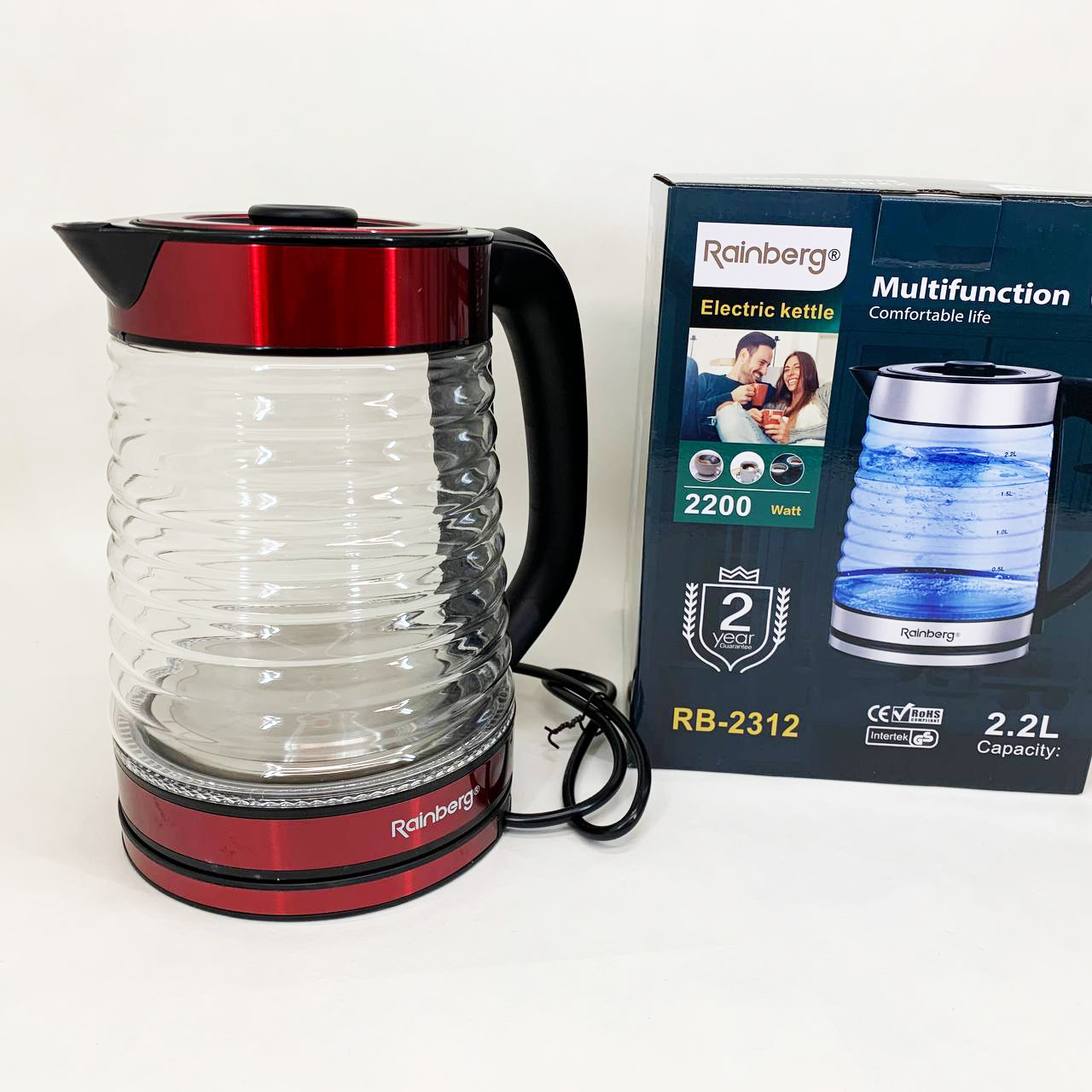 Электрочайник Rainberg RB-2312 стеклянный дисковый чайник 2.2л 2200Вт Red
