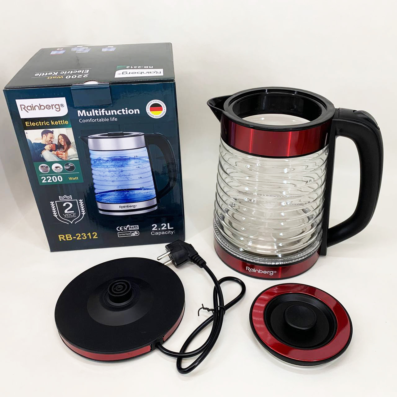 Электрочайник Rainberg RB-2312 стеклянный дисковый чайник 2.2л 2200Вт Red