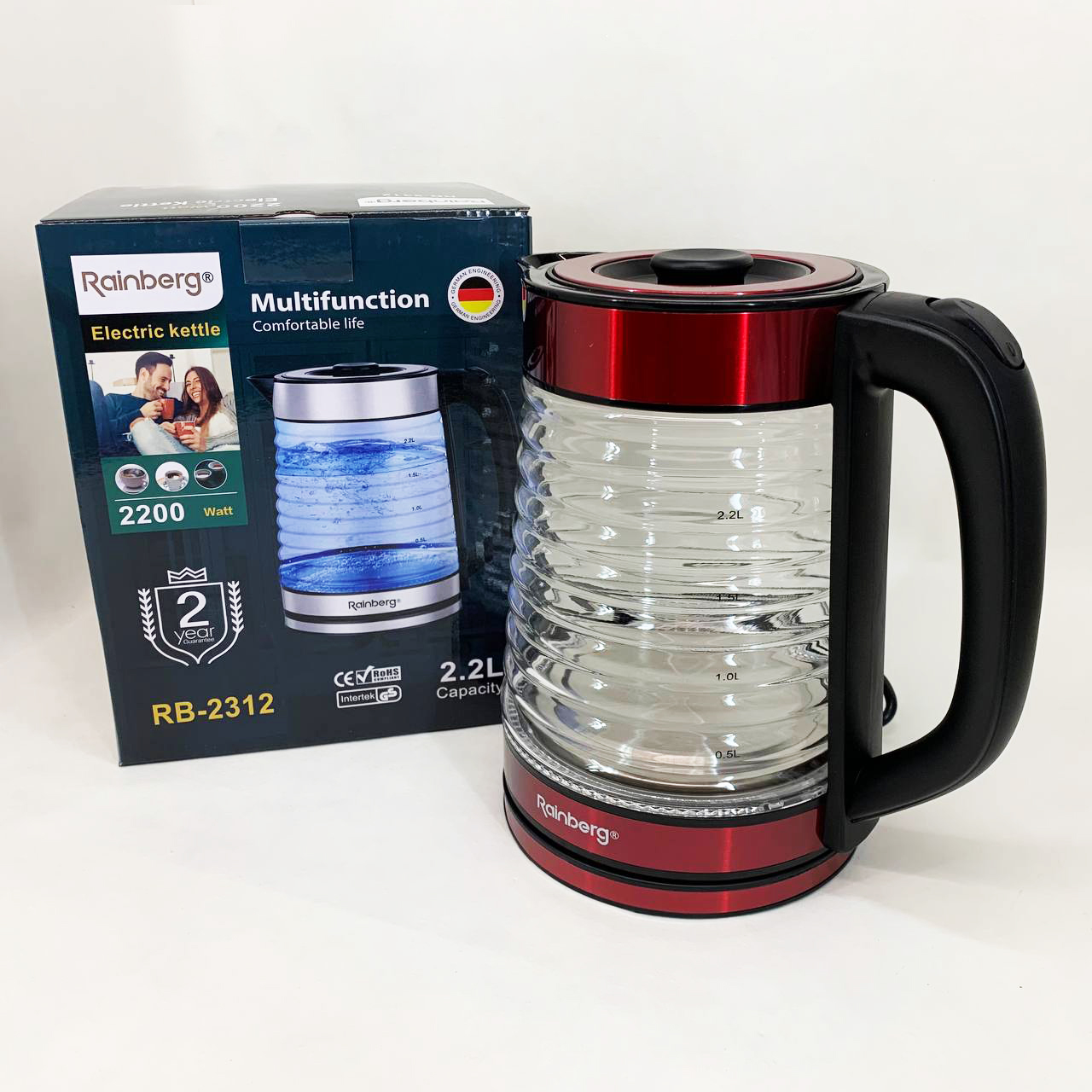 Электрочайник Rainberg RB-2312 стеклянный дисковый чайник 2.2л 2200Вт Red