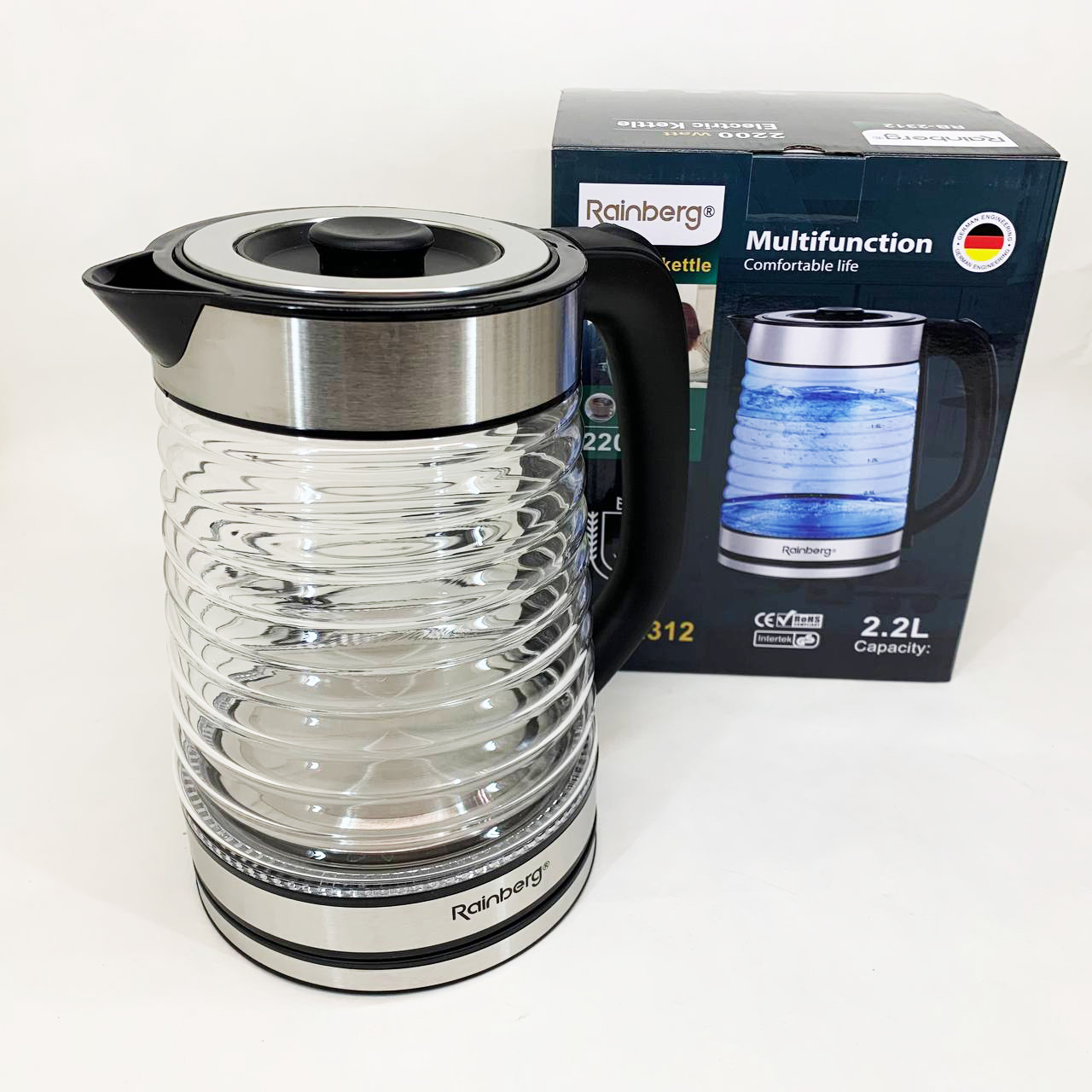 Электрочайник Rainberg RB-2312 стеклянный дисковый чайник 2.2л 2200Вт Silver