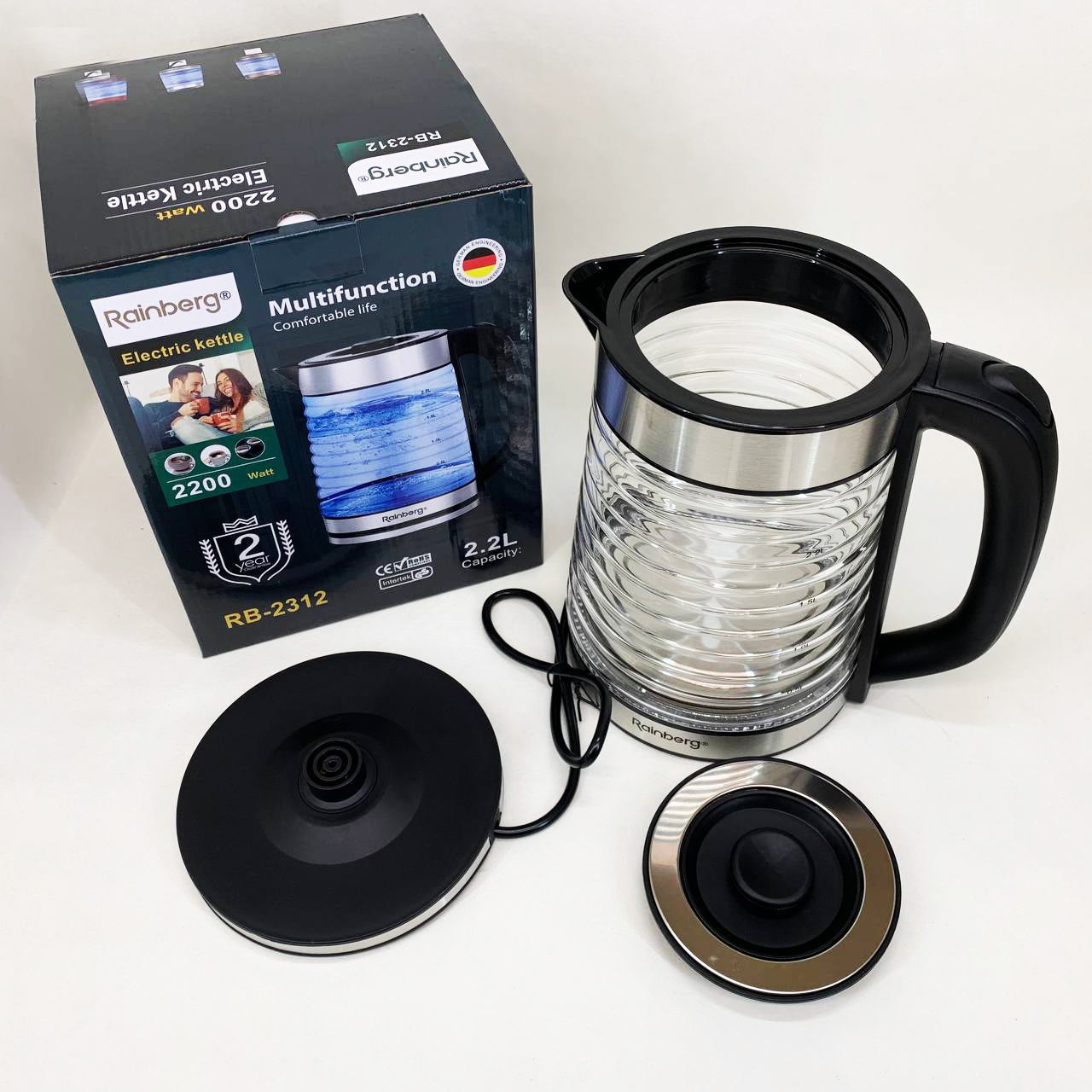 Электрочайник Rainberg RB-2312 стеклянный дисковый чайник 2.2л 2200Вт Silver