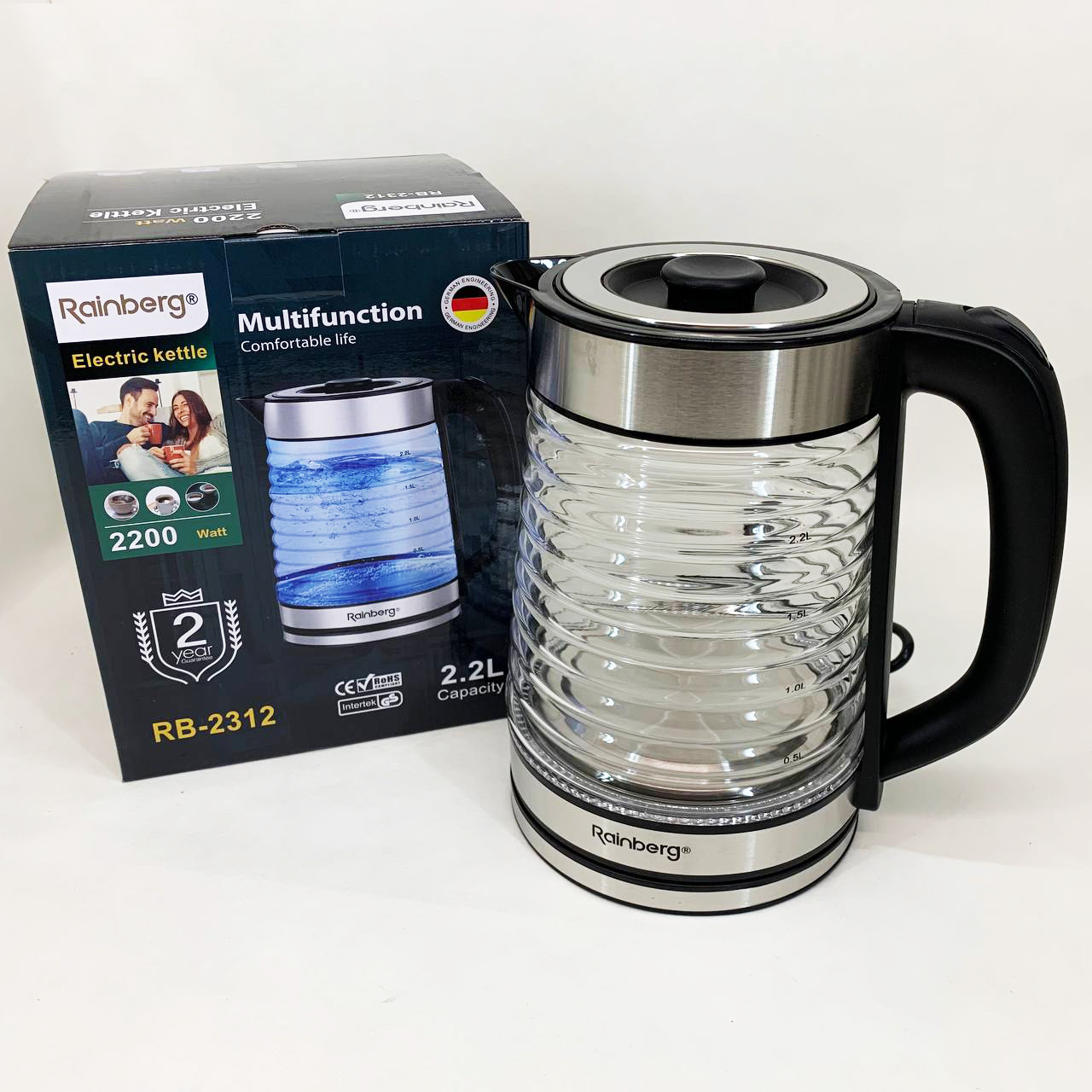 Электрочайник Rainberg RB-2312 стеклянный дисковый чайник 2.2л 2200Вт Silver