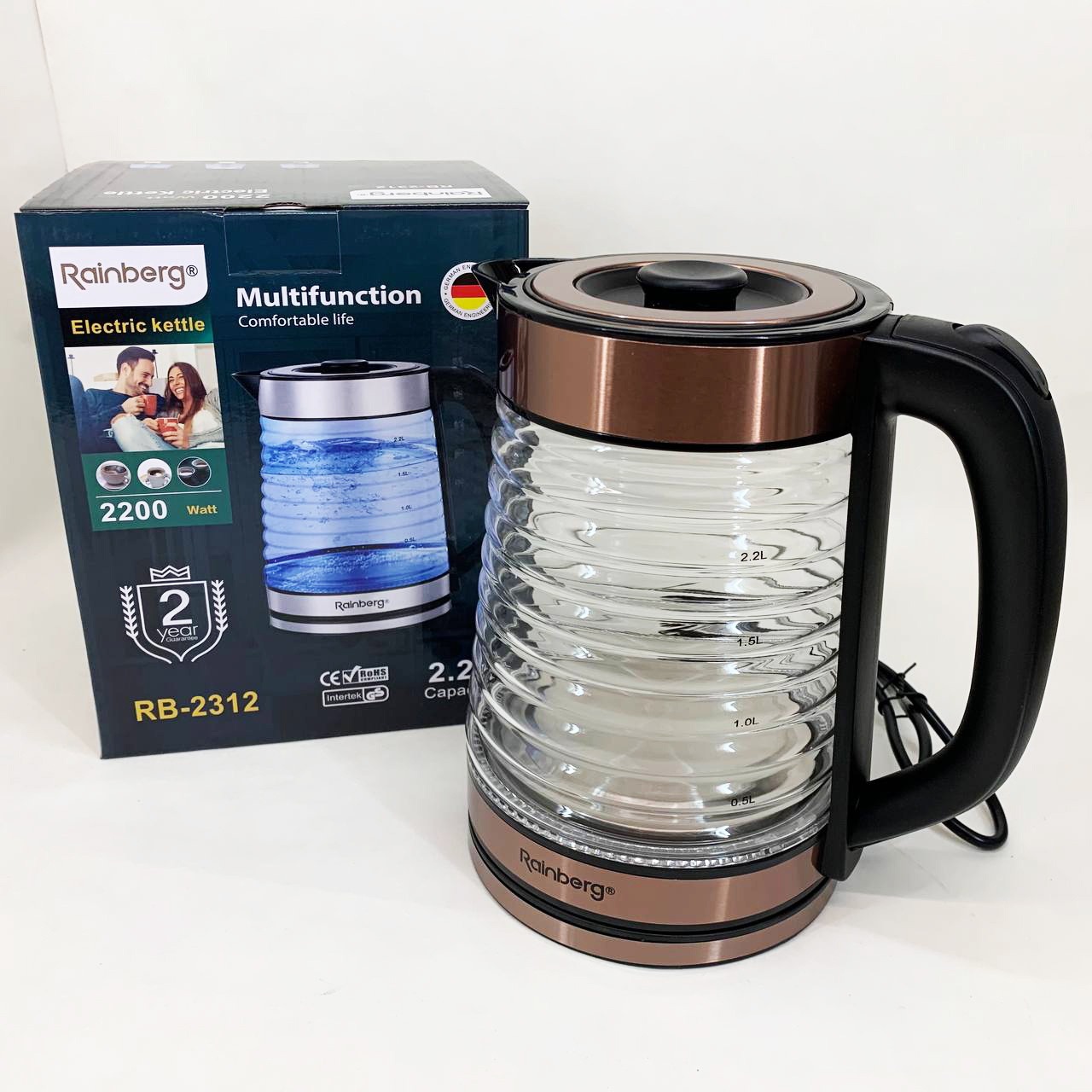 Электрочайник Rainberg RB-2312 стеклянный дисковый чайник 2.2л 2200Вт Brown