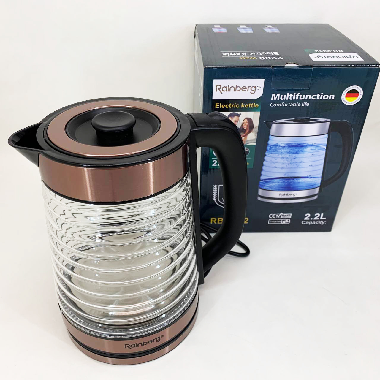 Электрочайник Rainberg RB-2312 стеклянный дисковый чайник 2.2л 2200Вт Brown