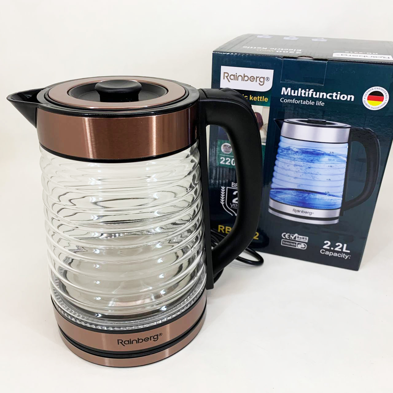 Электрочайник Rainberg RB-2312 стеклянный дисковый чайник 2.2л 2200Вт Brown