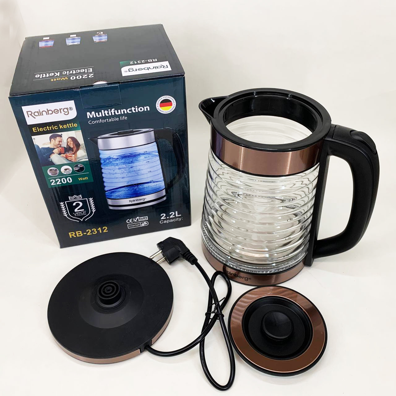 Электрочайник Rainberg RB-2312 стеклянный дисковый чайник 2.2л 2200Вт Brown