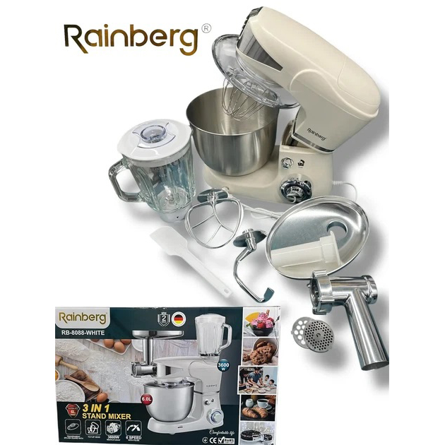 Универсальный кухонный комбайн Rainberg RB-8088 6л мясорубка, блендер 3600Вт Планетарный тестомес White