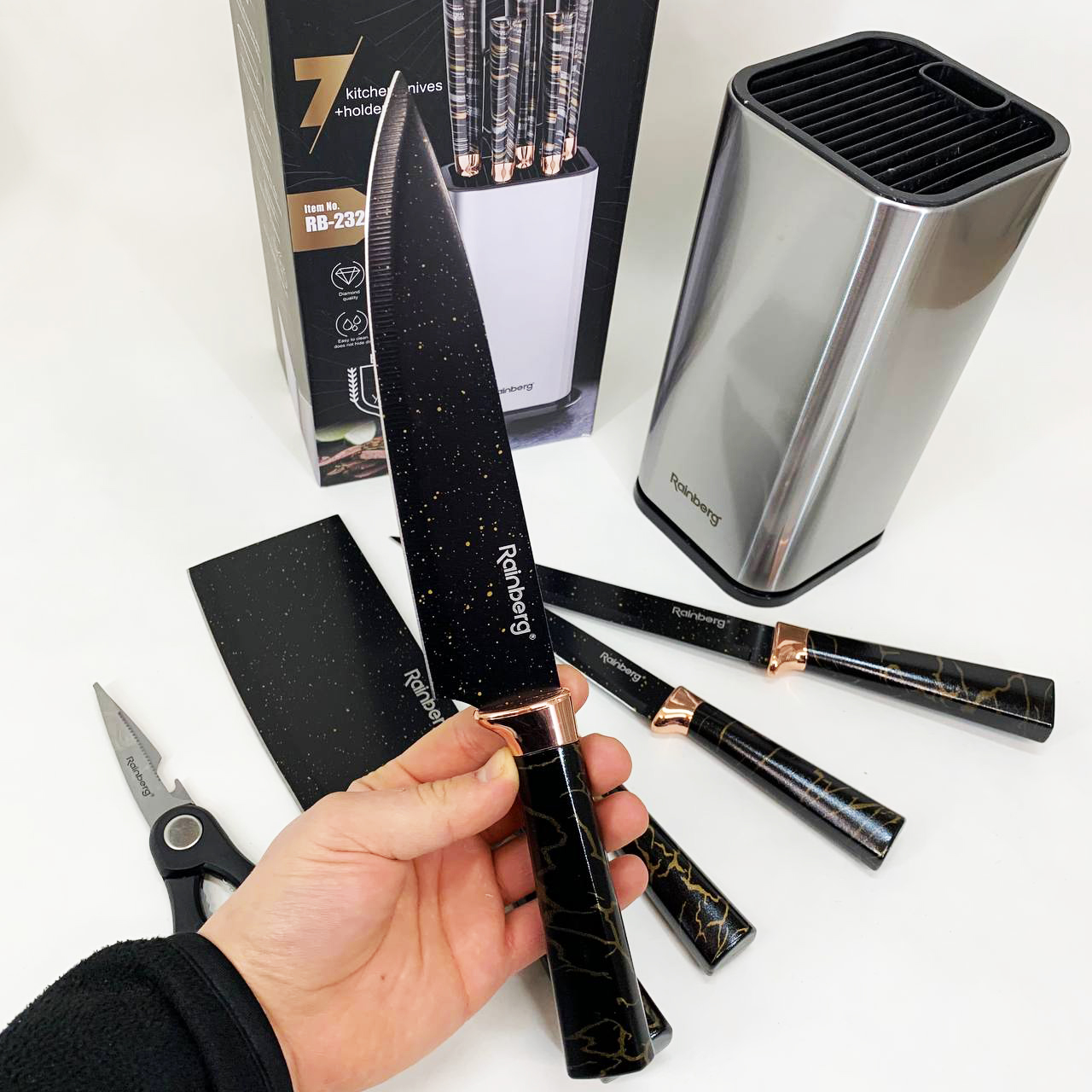 Набор ножей из нержавеющей стали с основанием Rainberg RB-2325 Black