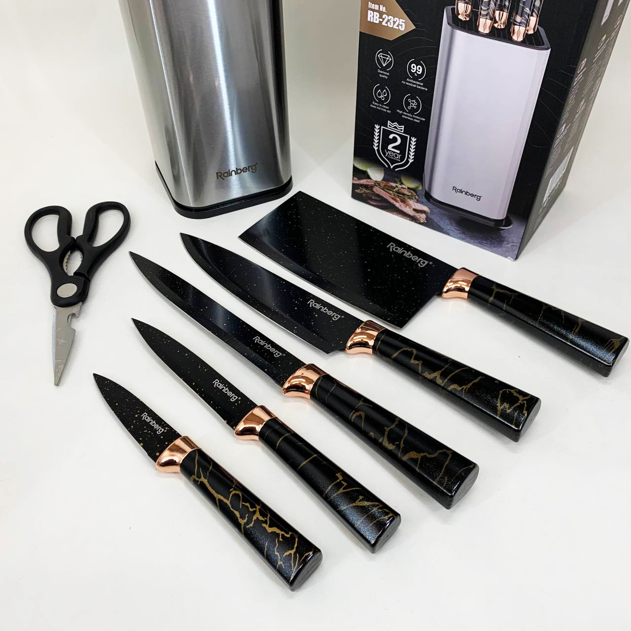 Набор ножей из нержавеющей стали с основанием Rainberg RB-2325 Black