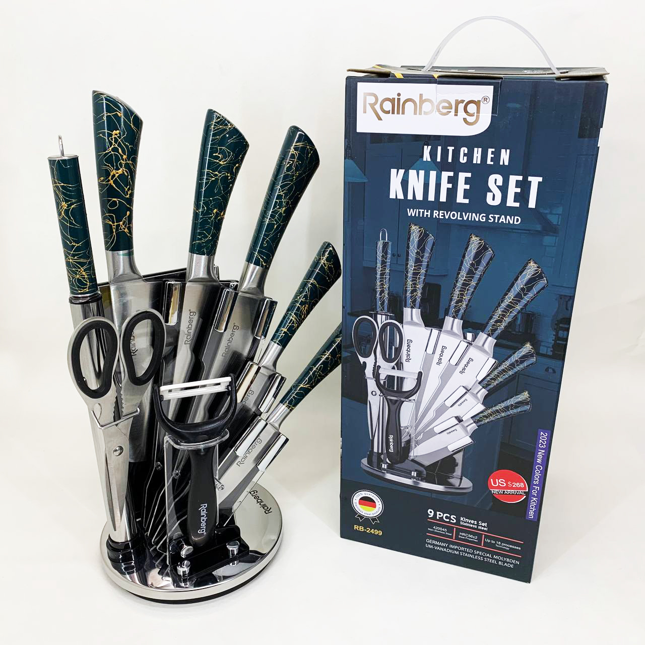 Набор кухонных ножей Rainberg RB-2499 8 предметов на вращающейся подставке Green