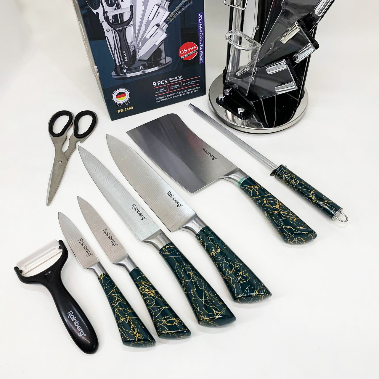 Набор кухонных ножей Rainberg RB-2499 8 предметов на вращающейся подставке Green