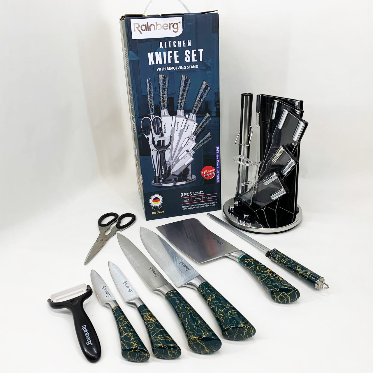Набор кухонных ножей Rainberg RB-2499 8 предметов на вращающейся подставке Green
