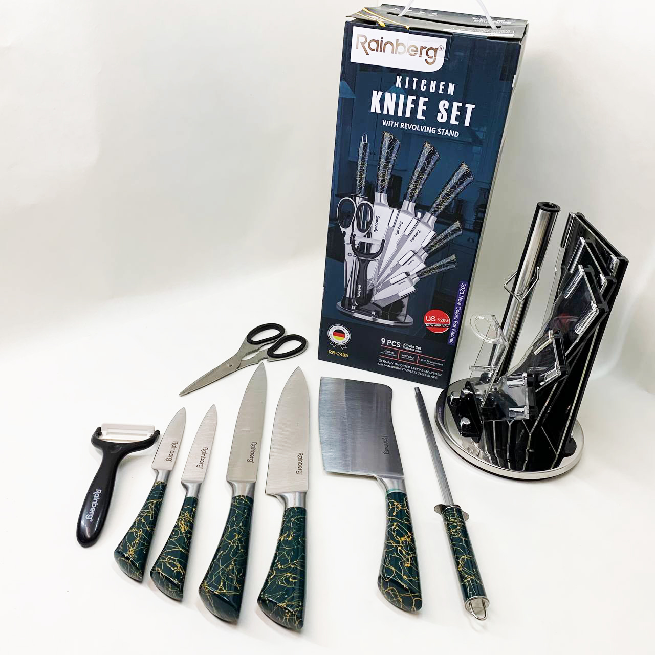 Набор кухонных ножей Rainberg RB-2499 8 предметов на вращающейся подставке Green