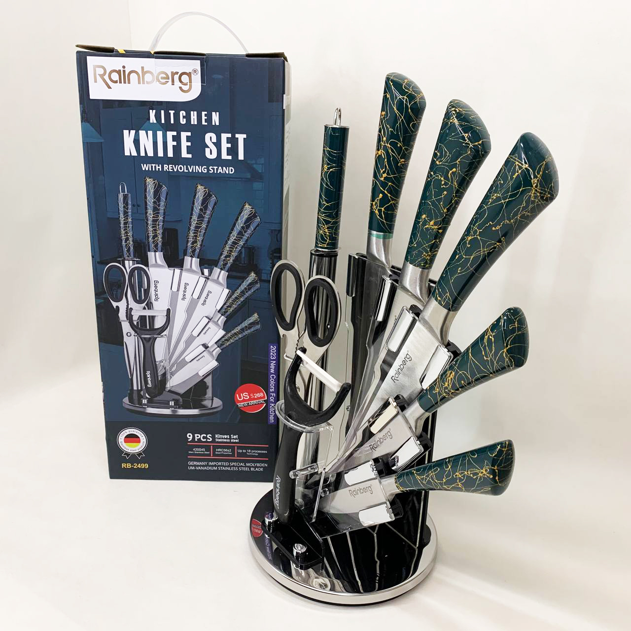 Набор кухонных ножей Rainberg RB-2499 8 предметов на вращающейся подставке Green
