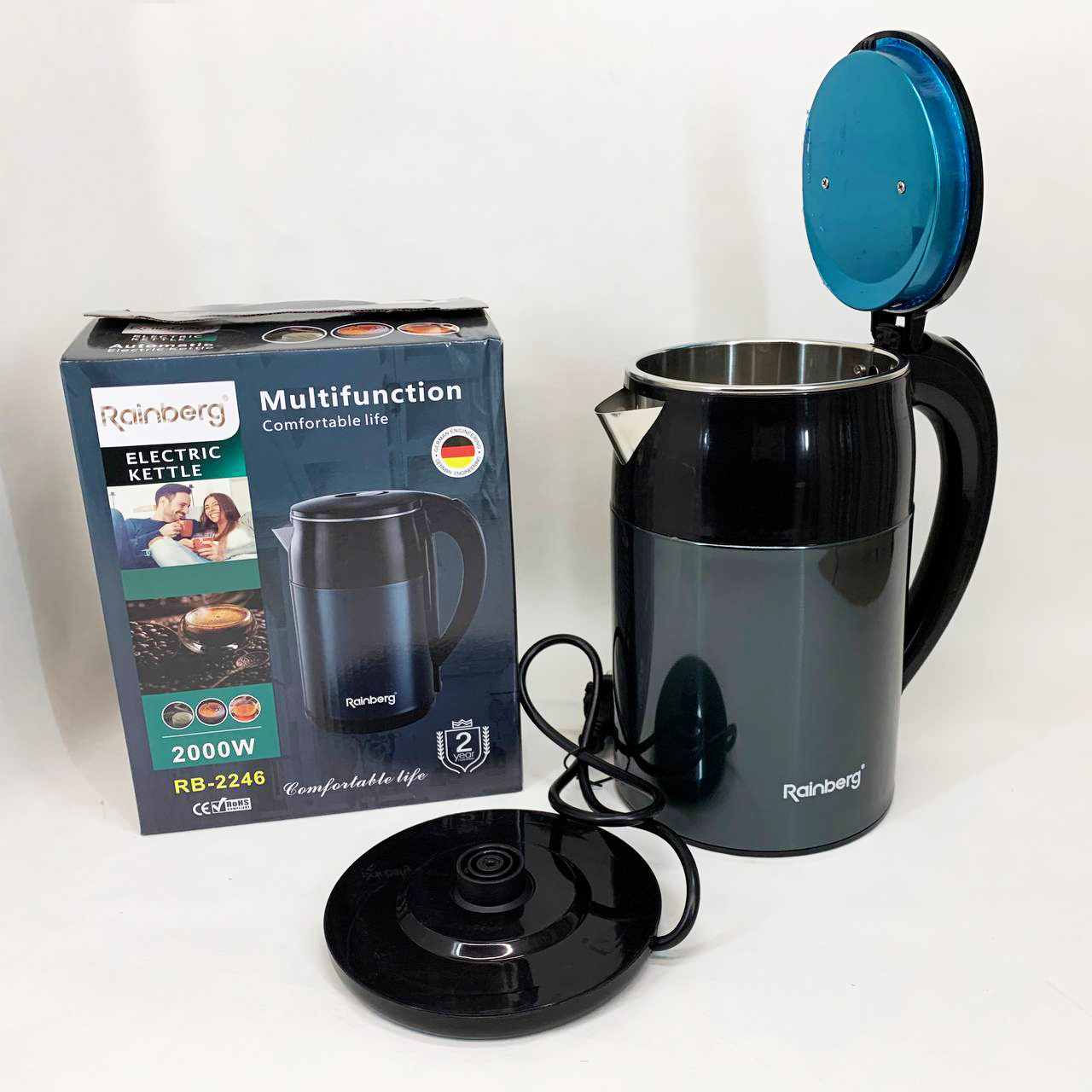 Чайник электрический Rainberg RB-2246 из нержавеющей стали 2000 Вт 2л, хороший электрический чайник Blue