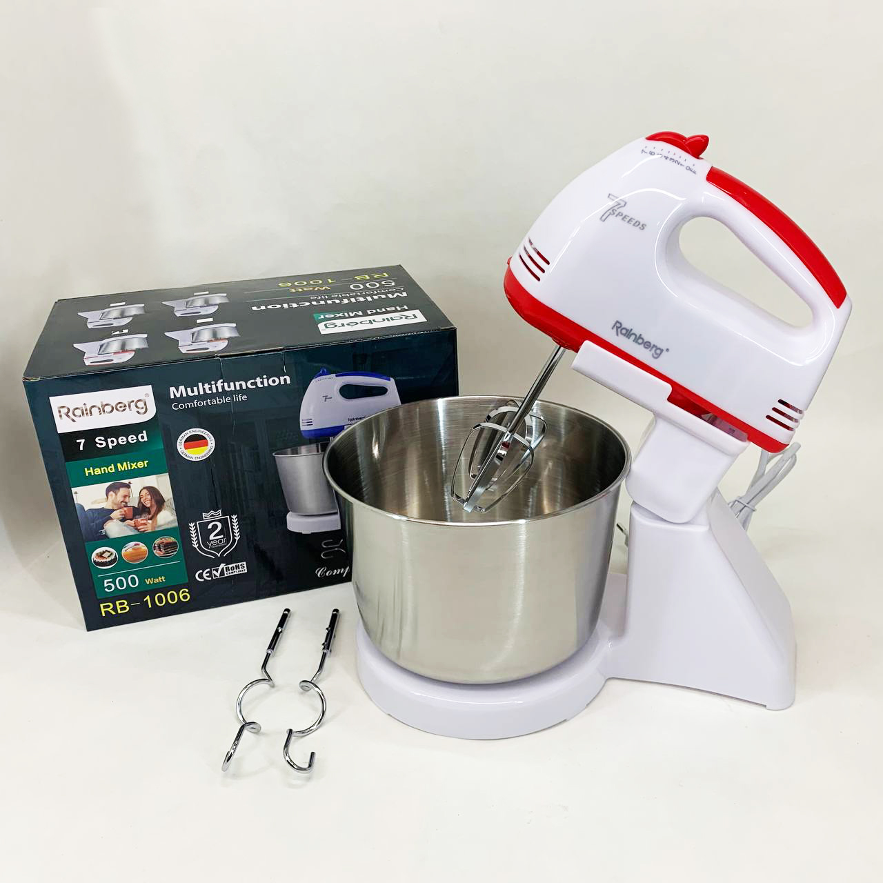 Стационарный электрический миксер с чашей Rainberg RB-1006 500W с насадками для замешивания теста Red