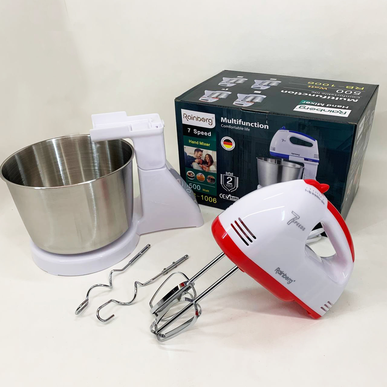 Стационарный электрический миксер с чашей Rainberg RB-1006 500W с насадками для замешивания теста Red