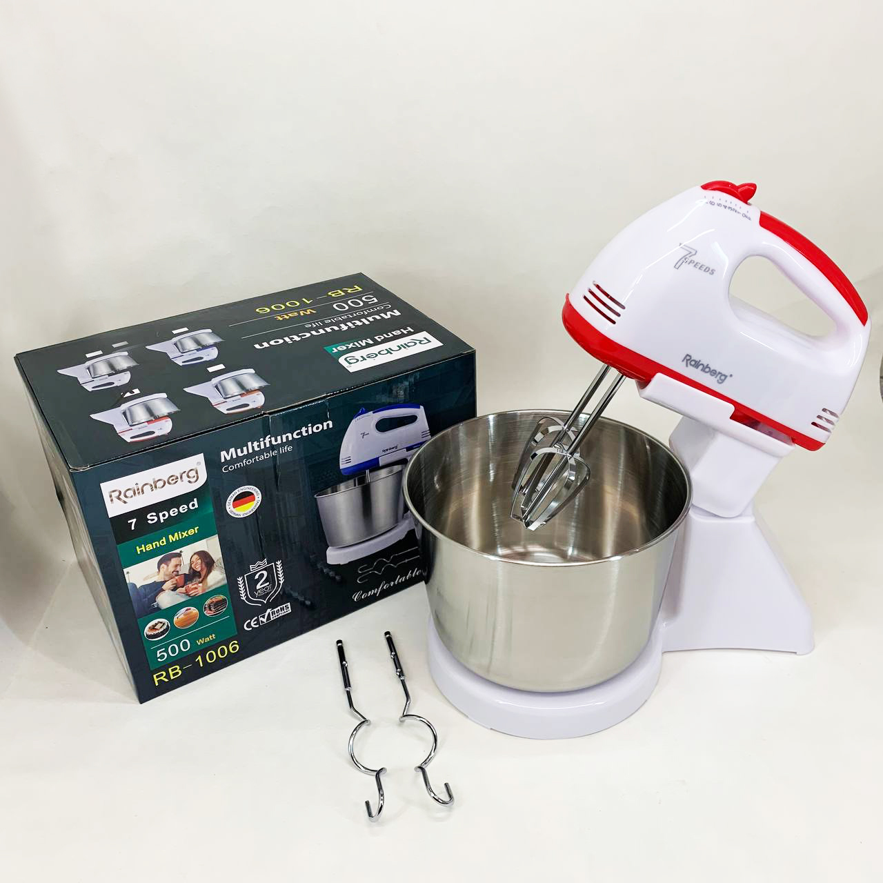 Стационарный электрический миксер с чашей Rainberg RB-1006 500W с насадками для замешивания теста Red