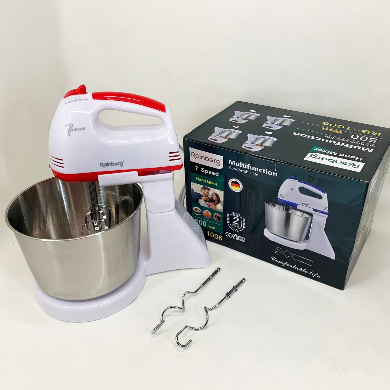 Стационарный электрический миксер с чашей Rainberg RB-1006 500W с насадками для замешивания теста Red