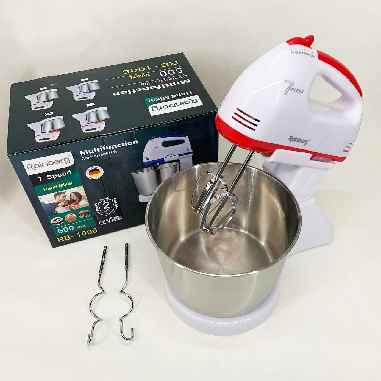 Стационарный электрический миксер с чашей Rainberg RB-1006 500W с насадками для замешивания теста Red