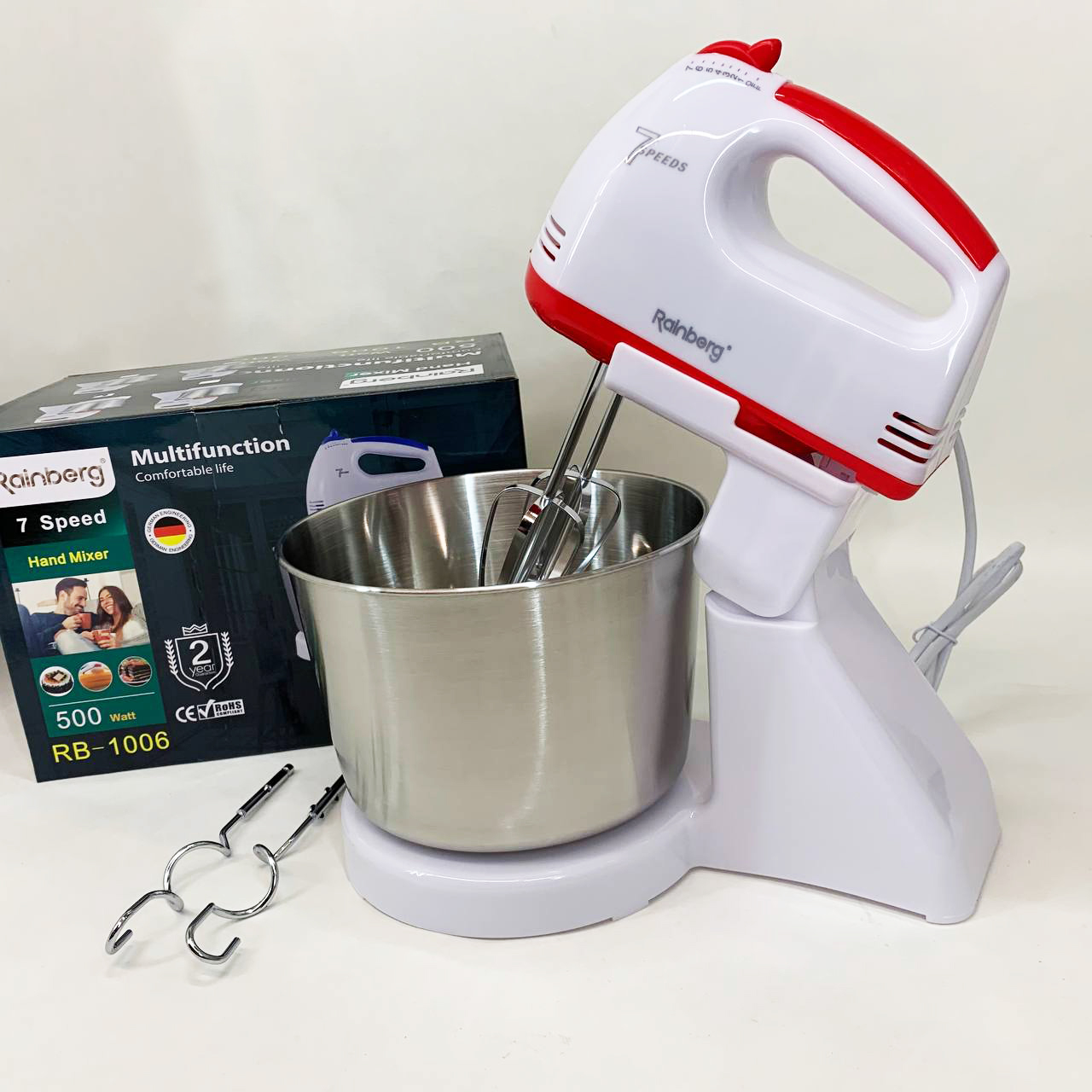 Стационарный электрический миксер с чашей Rainberg RB-1006 500W с насадками для замешивания теста Red