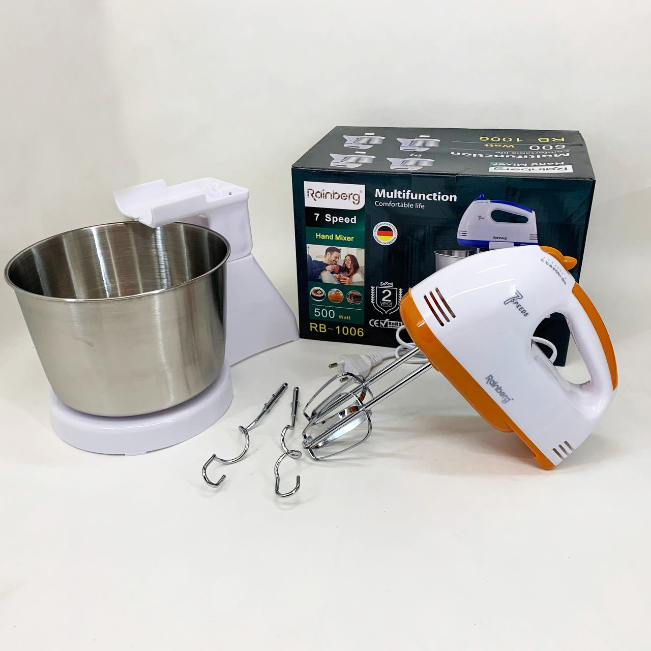 Стационарный электрический миксер с чашей Rainberg RB-1006 500W с насадками для замешивания теста Orange