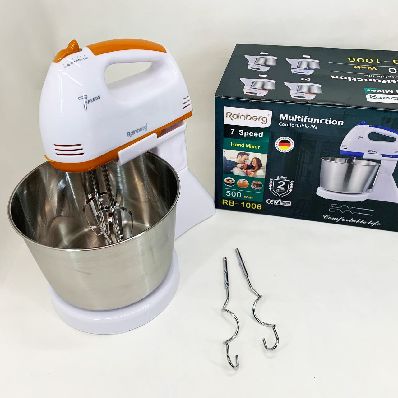 Стационарный электрический миксер с чашей Rainberg RB-1006 500W с насадками для замешивания теста Orange