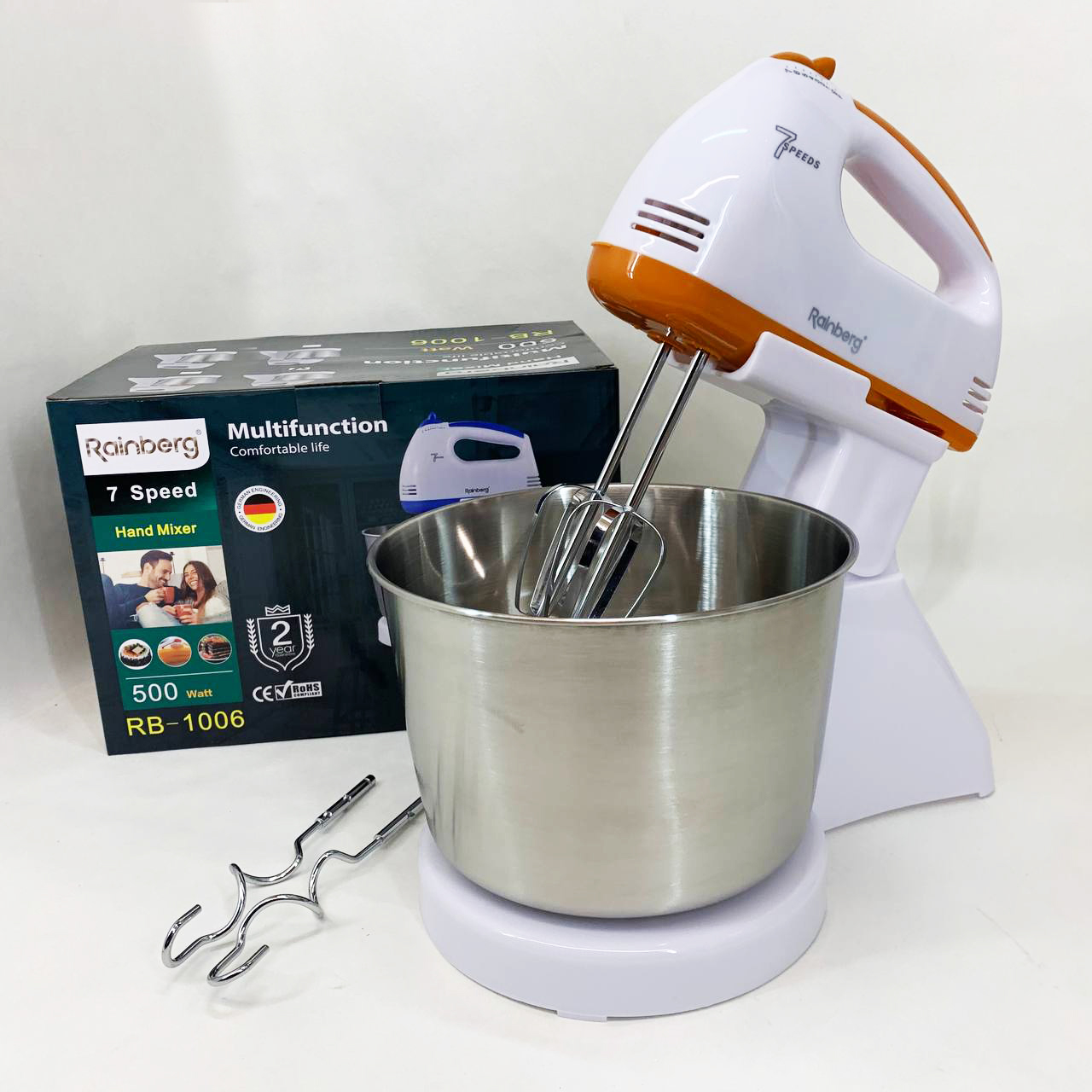 Стационарный электрический миксер с чашей Rainberg RB-1006 500W с насадками для замешивания теста Orange
