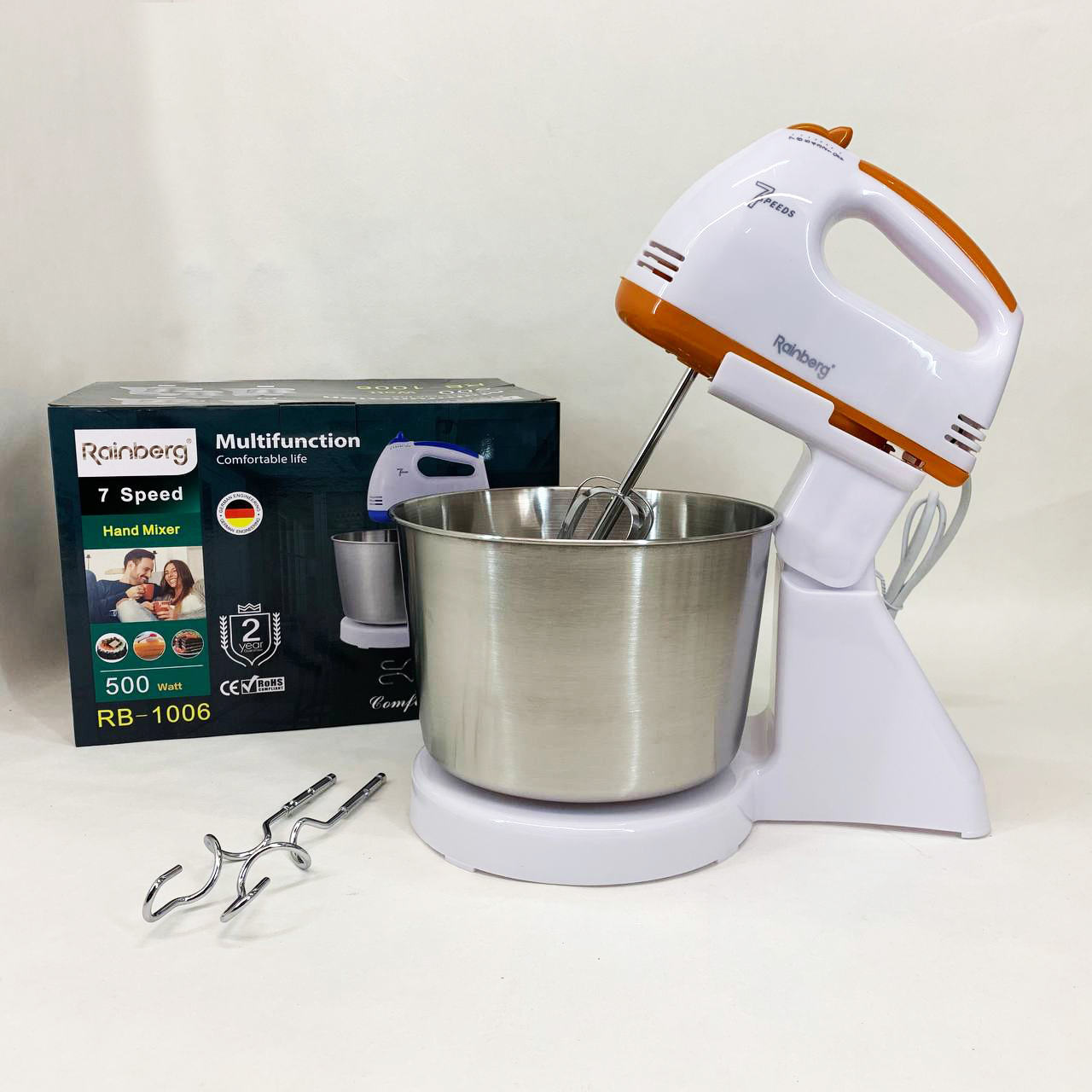 Стационарный электрический миксер с чашей Rainberg RB-1006 500W с насадками для замешивания теста Orange