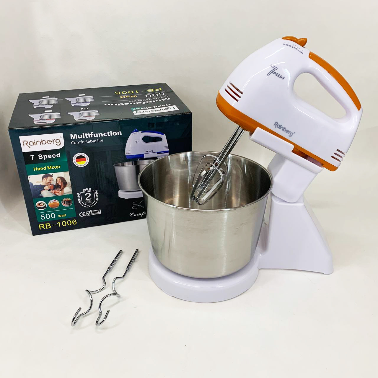 Стационарный электрический миксер с чашей Rainberg RB-1006 500W с насадками для замешивания теста Orange