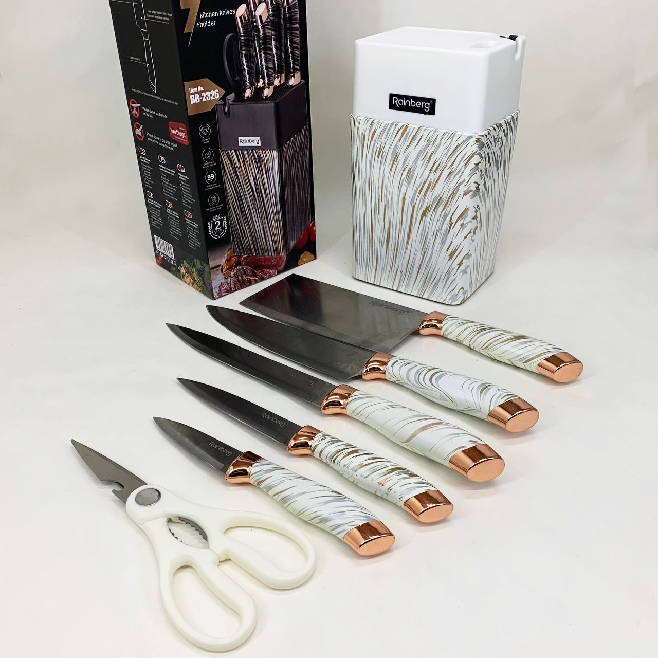 Набор ножей из нержавеющей стали с основанием Rainberg RB-2326 White