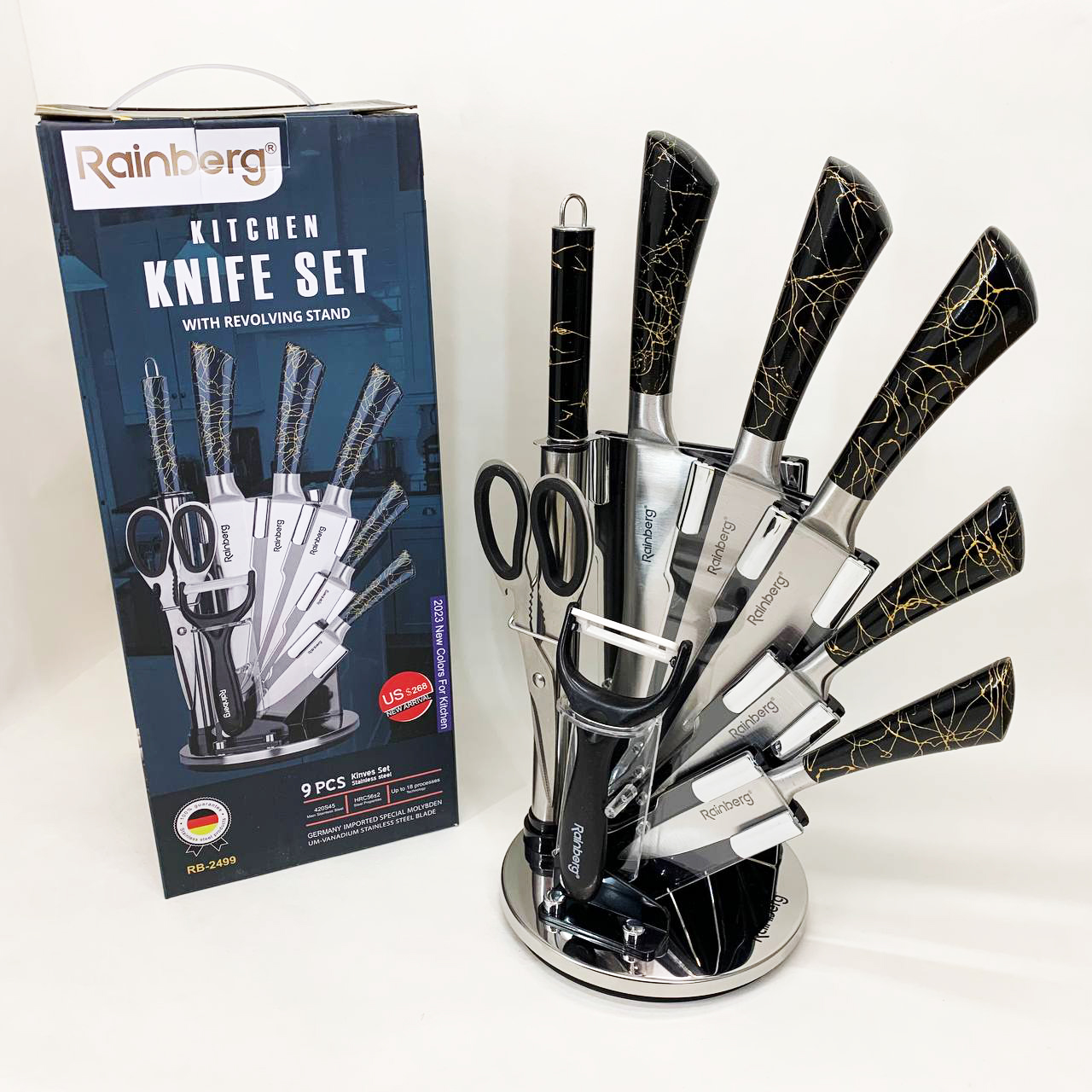Набор кухонных ножей Rainberg RB-2499 8 предметов на вращающейся подставке Black