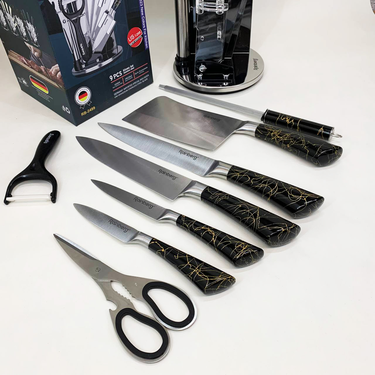 Набор кухонных ножей Rainberg RB-2499 8 предметов на вращающейся подставке Black