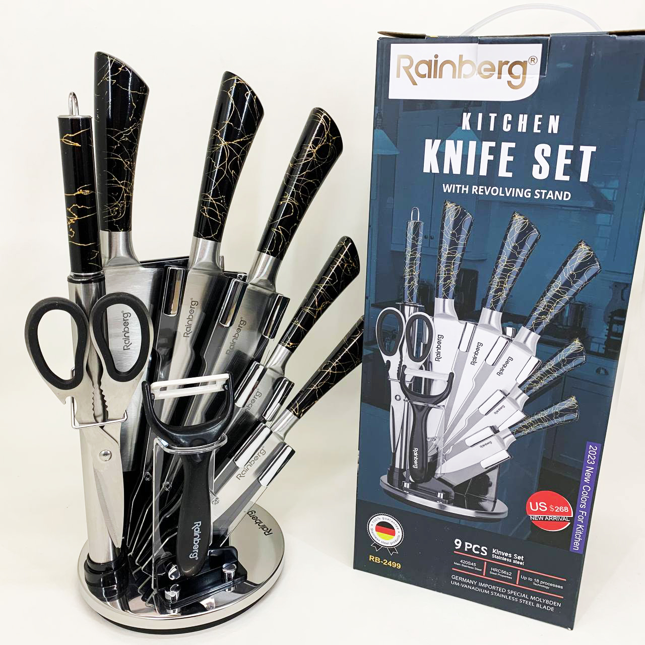 Набор кухонных ножей Rainberg RB-2499 8 предметов на вращающейся подставке Black