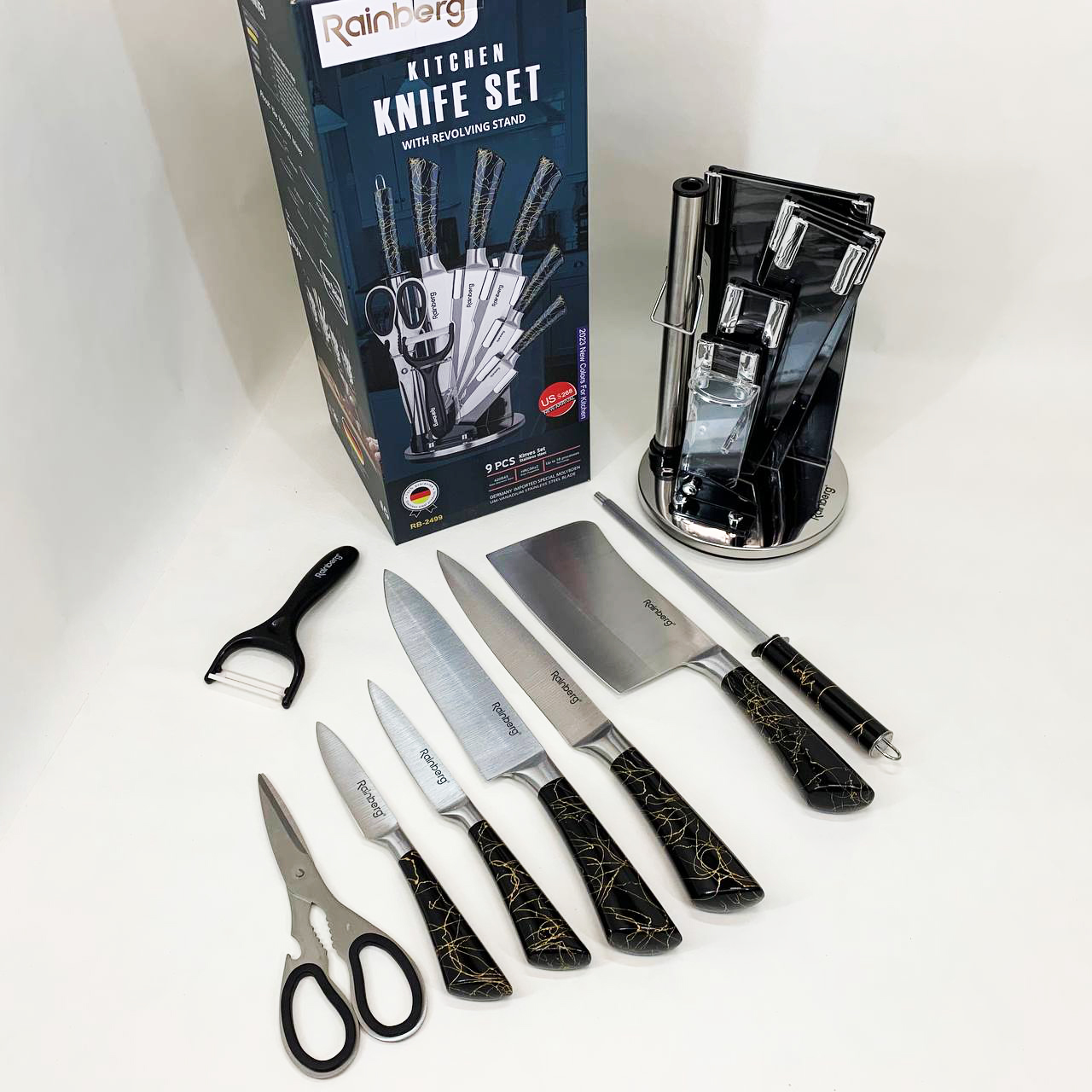 Набор кухонных ножей Rainberg RB-2499 8 предметов на вращающейся подставке Black