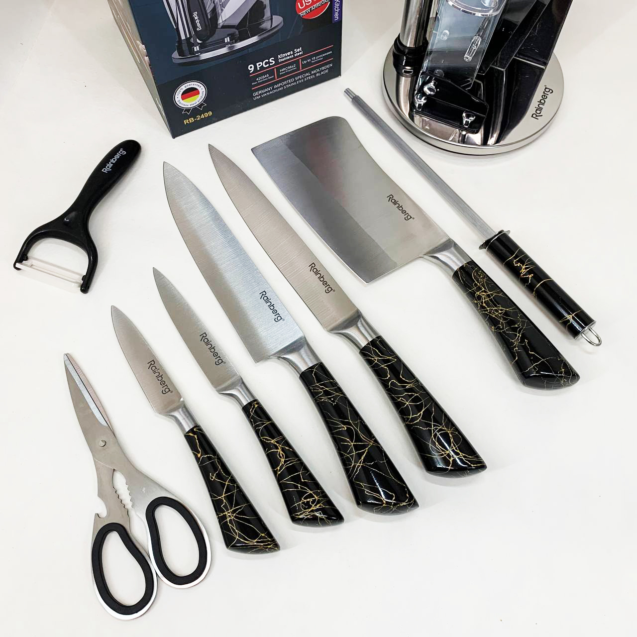 Набор кухонных ножей Rainberg RB-2499 8 предметов на вращающейся подставке Black
