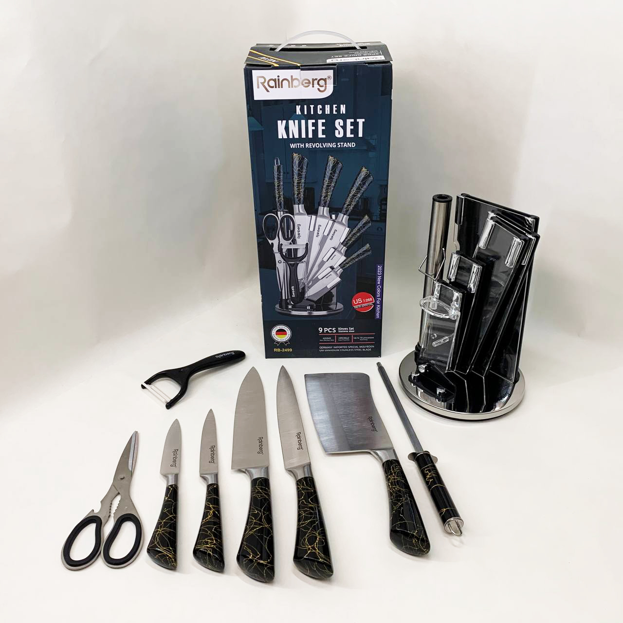Набор кухонных ножей Rainberg RB-2499 8 предметов на вращающейся подставке Black