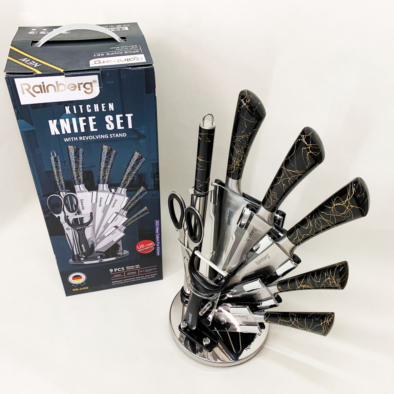 Набор кухонных ножей Rainberg RB-2499 8 предметов на вращающейся подставке Black