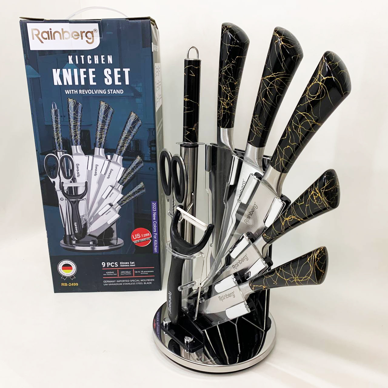 Набор кухонных ножей Rainberg RB-2499 8 предметов на вращающейся подставке Black