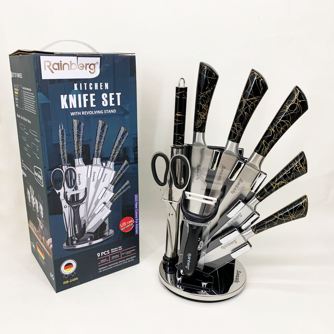 Набор кухонных ножей Rainberg RB-2499 8 предметов на вращающейся подставке Black