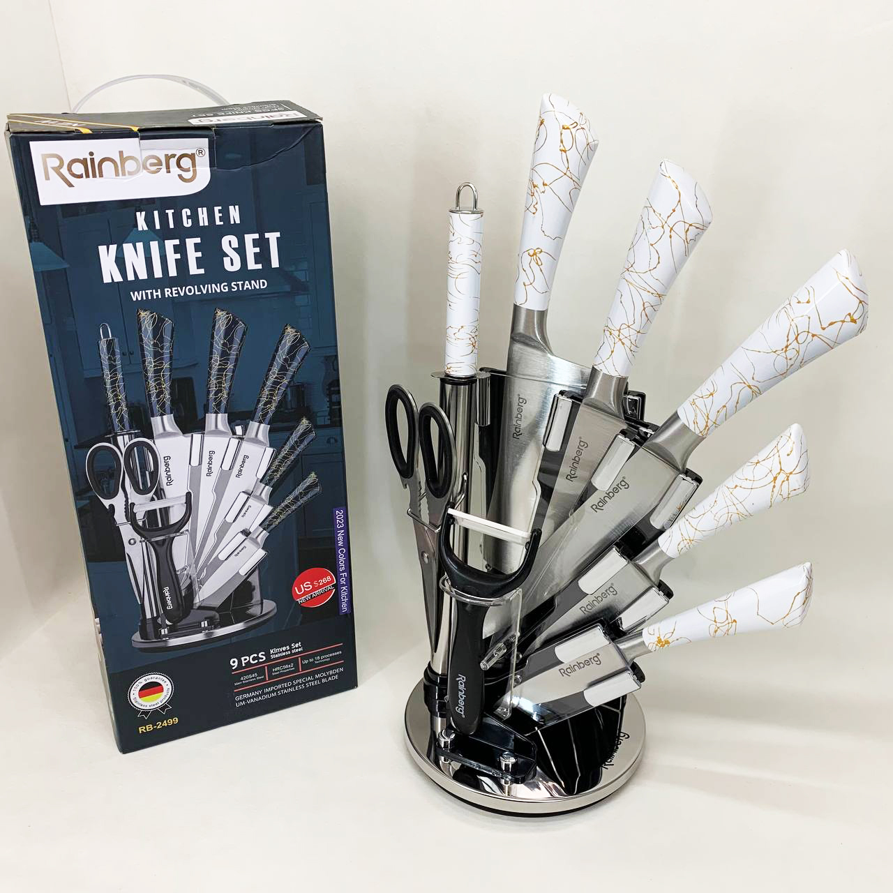 Набор кухонных ножей Rainberg RB-2499 8 предметов на вращающейся подставке White