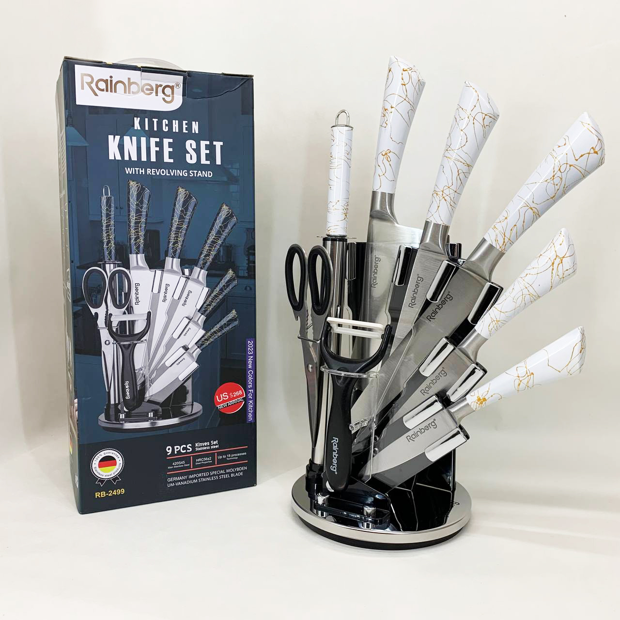 Набор кухонных ножей Rainberg RB-2499 8 предметов на вращающейся подставке White