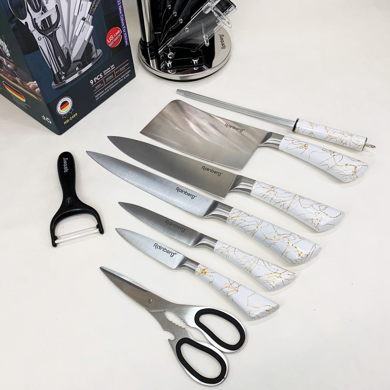 Набор кухонных ножей Rainberg RB-2499 8 предметов на вращающейся подставке White