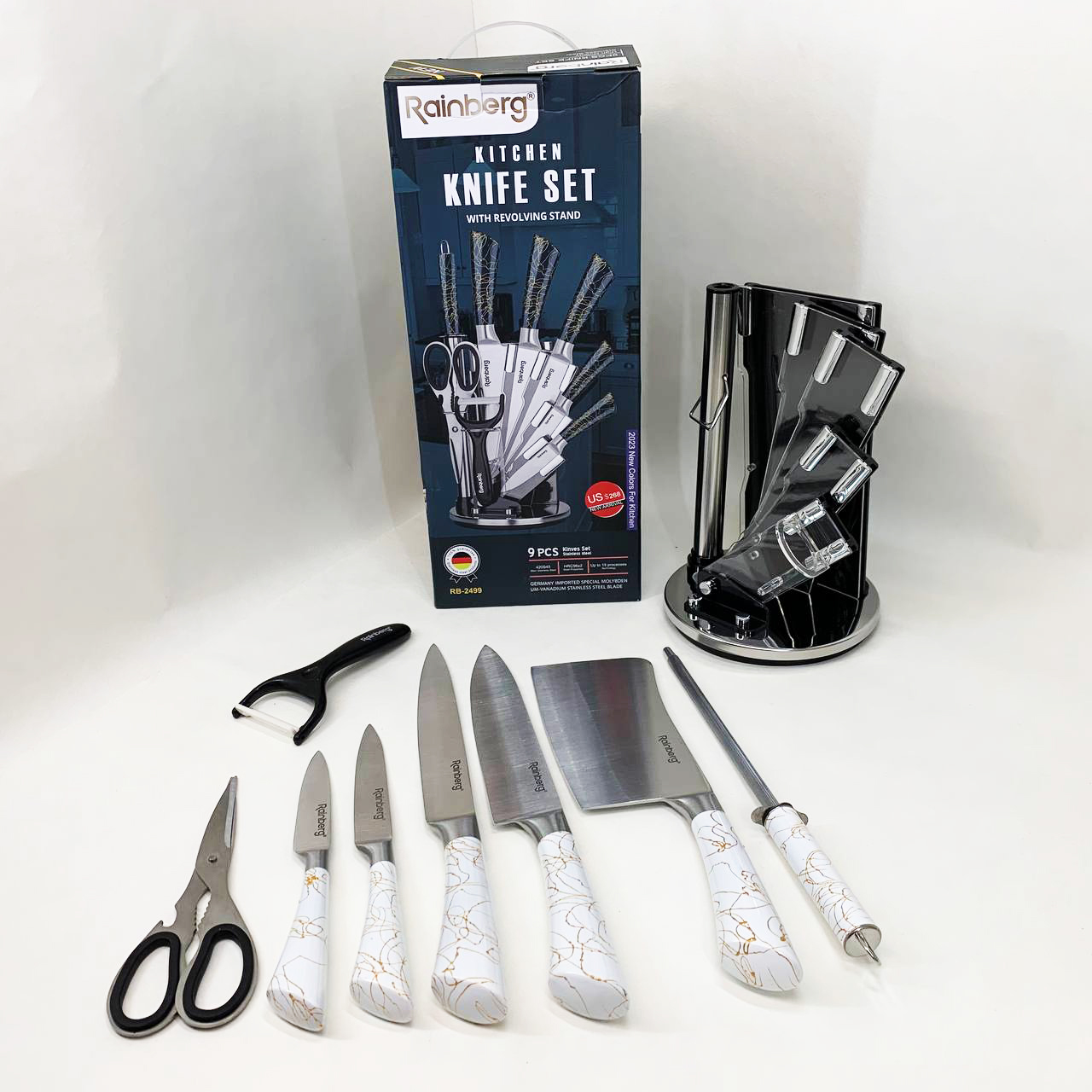 Набор кухонных ножей Rainberg RB-2499 8 предметов на вращающейся подставке White
