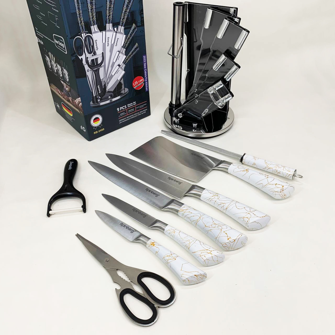 Набор кухонных ножей Rainberg RB-2499 8 предметов на вращающейся подставке White