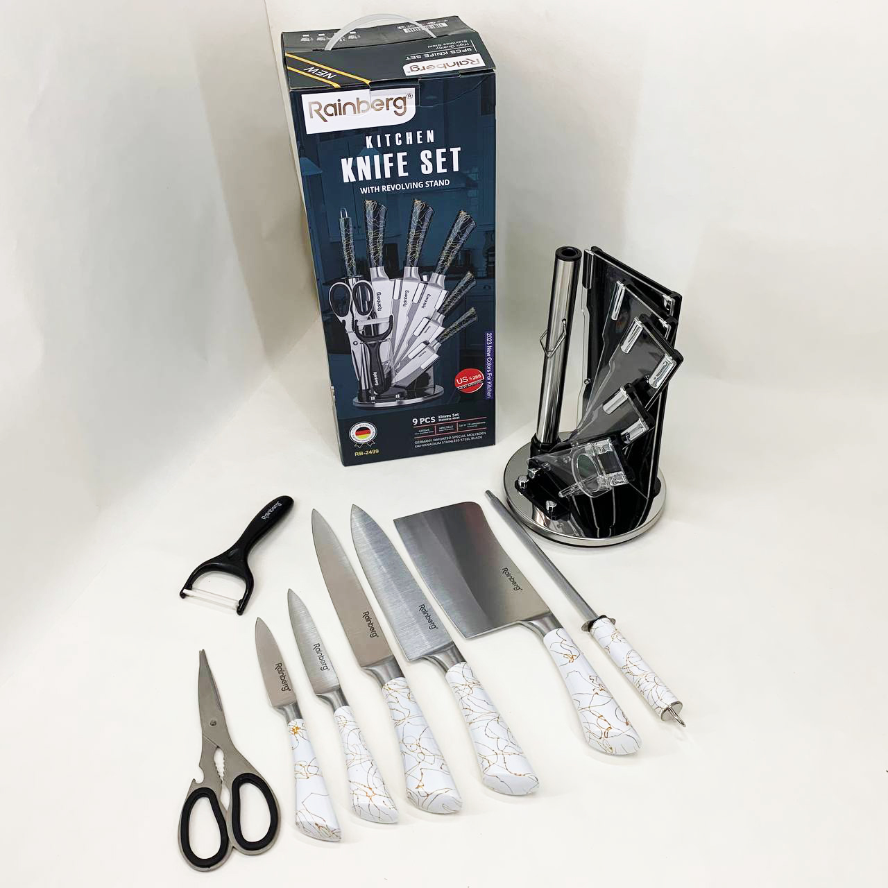 Набор кухонных ножей Rainberg RB-2499 8 предметов на вращающейся подставке White