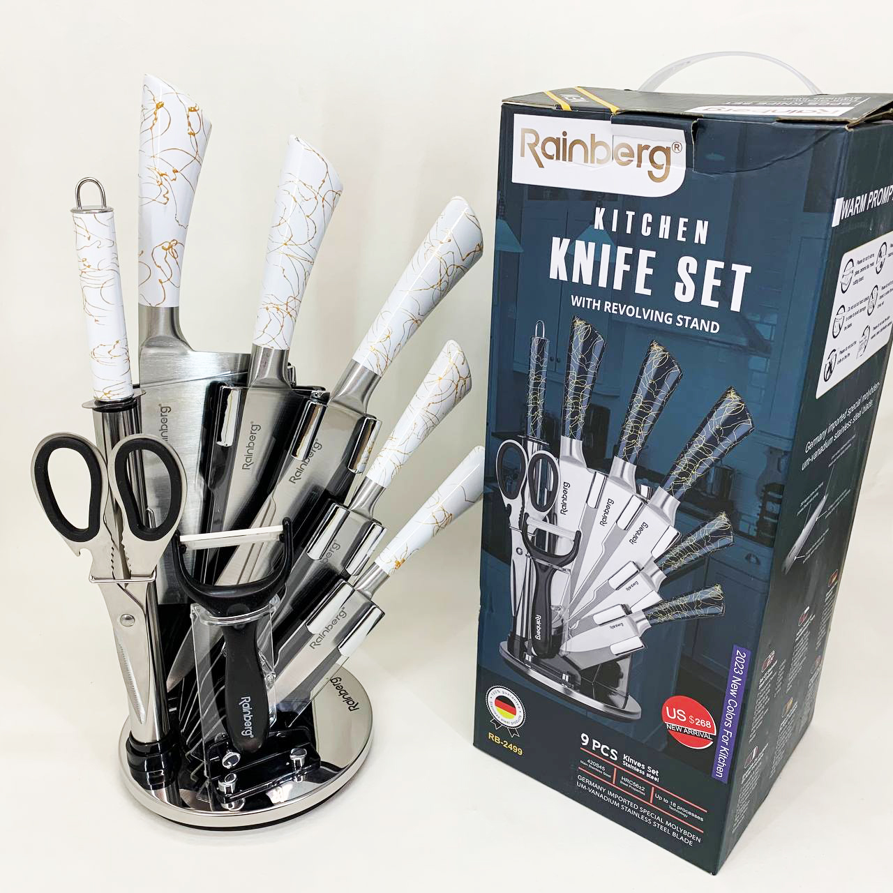 Набор кухонных ножей Rainberg RB-2499 8 предметов на вращающейся подставке White
