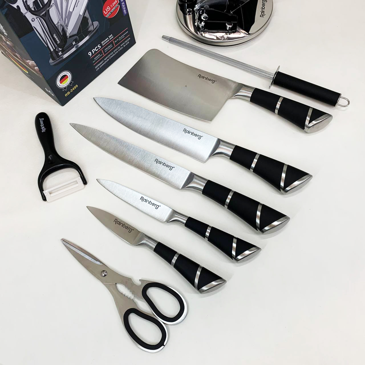 Набор кухонных ножей Rainberg RB-2499 8 предметов на вращающейся подставке Полосы