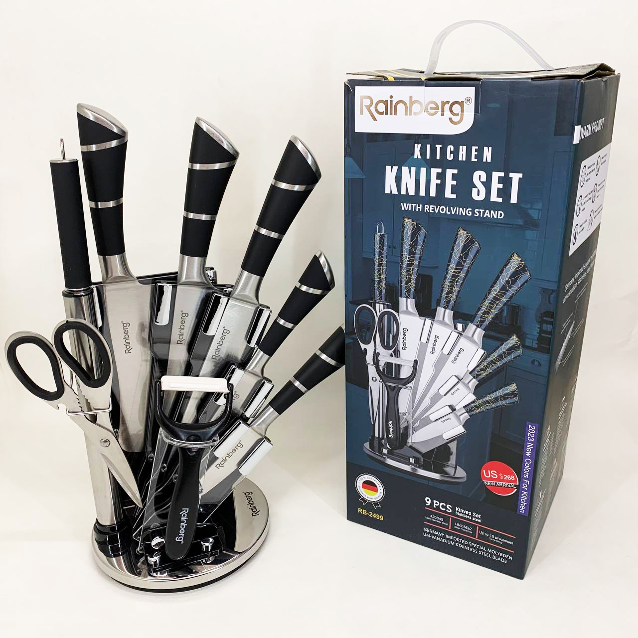 Набор кухонных ножей Rainberg RB-2499 8 предметов на вращающейся подставке Полосы