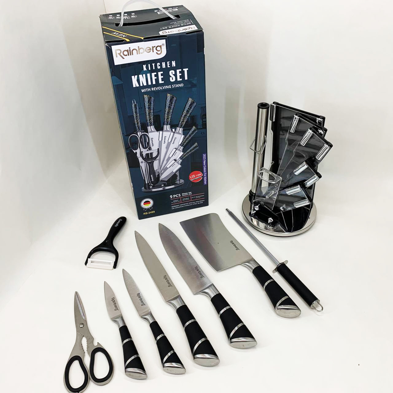 Набор кухонных ножей Rainberg RB-2499 8 предметов на вращающейся подставке Полосы